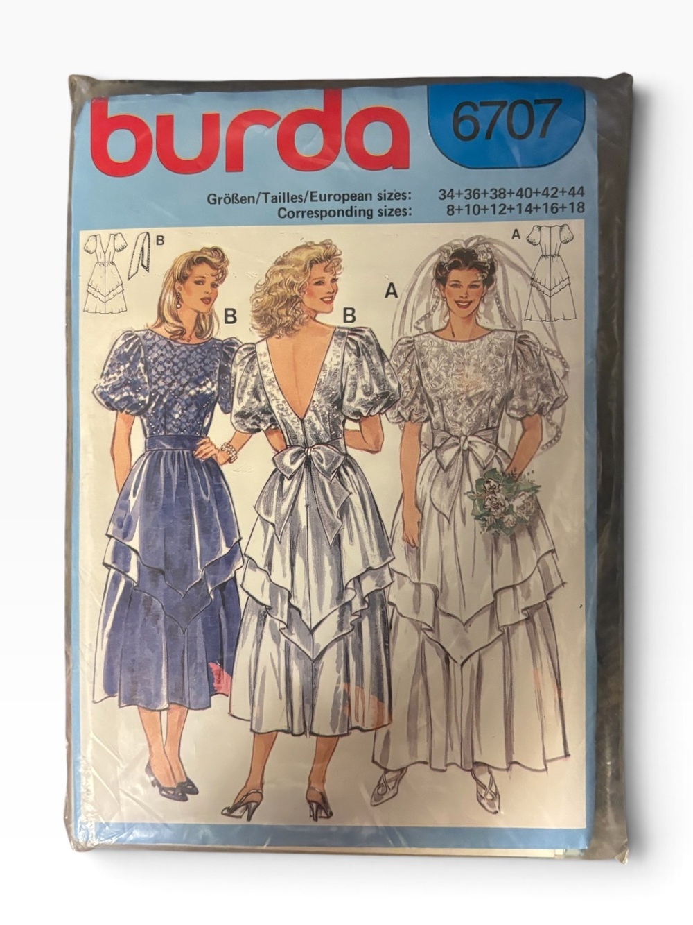 Vintage 1984 Burda 6707 Sewing Pattern Wedding Dress/Bridesmaid FF Uncut Sz 8-18